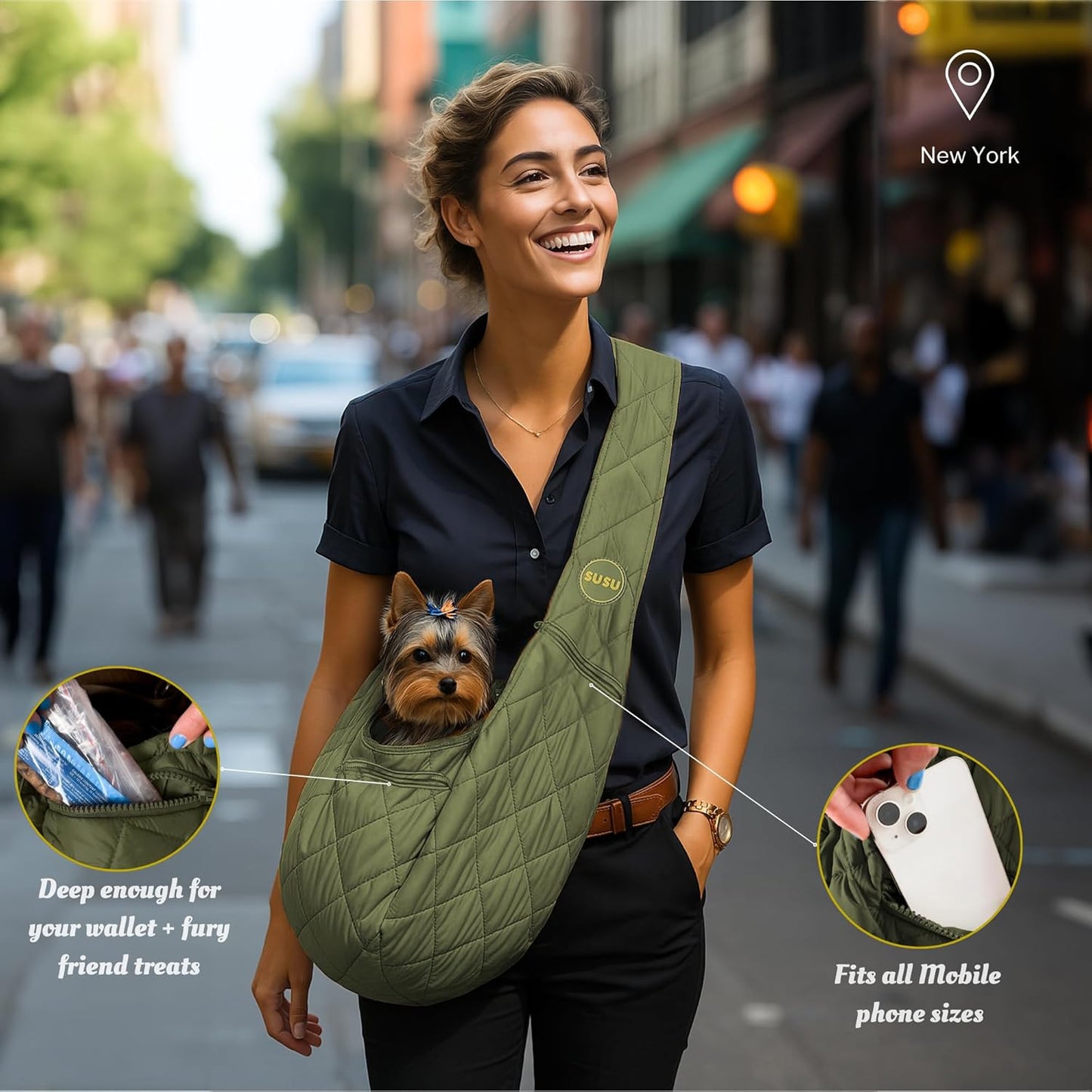 Small Dog Carrier Sling – Olive Green Hands‑Free 2‑in‑1 Sling & Handheld Carrier for Toy Dogs 3-8 lb, Parachute‑Grade Rip‑Stop Nylon, 4″ Padded Strap, Safety Tether & Two Pockets