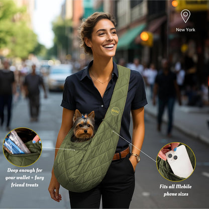 Small Dog Carrier Sling – Olive Green Hands‑Free 2‑in‑1 Sling & Handheld Carrier for Toy Dogs 3-8 lb, Parachute‑Grade Rip‑Stop Nylon, 4″ Padded Strap, Safety Tether & Two Pockets