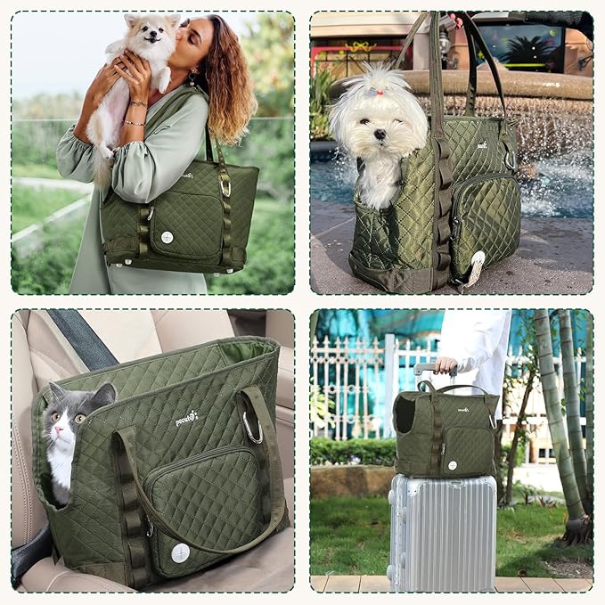 Pecute Dog Purse Carrier, Dog Carrier with Pockets for Small Dogs, Fits Dogs 5.5 lbs to 11 lbs, Cat and Puppies Tote Bag, Outing, Travel, Vet, Green