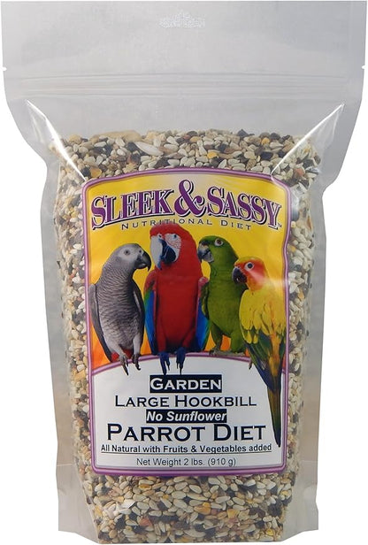 SLEEK & SASSY Garden Large Hookbill No Sunflower Parrot Food for Large Conures, Amazons, African Greys, Cockatoos, Pionus-Parrots & Small Macaws (2 lbs.)