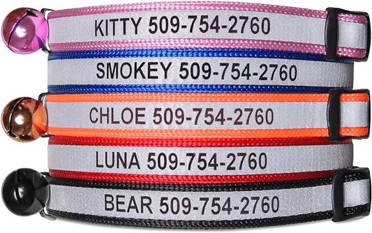 GoTags Personalized Reflective Cat Collars, Engraved Custom Cat Collar with Name and Phone Identification, Breakaway Collar with Safety Release Buckle and Bell, Adjustable for Cats and Kitten, (Pink)