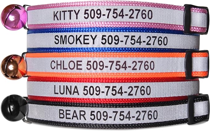 GoTags Personalized Reflective Cat Collars, Engraved Custom Cat Collar with Name and Phone Identification, Breakaway Collar with Safety Release Buckle and Bell, Adjustable for Cats and Kitten, (Black)