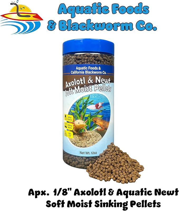 Aquatic Foods Inc. Axolotl Pellet Food 1/8" Soft Moist Sinking Pellets for Juvenile Axolotl Also Shrimp, Snails, Crayfish, Bottom Tropical Fish, Blackworm Pellets Included 12oz Canister