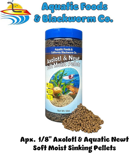 Aquatic Foods Inc. Axolotl Pellet Food 1/8" Soft Moist Sinking Pellets for Juvenile Axolotl Also Shrimp, Snails, Crayfish, Bottom Tropical Fish, Blackworm Pellets Included 12oz Canister