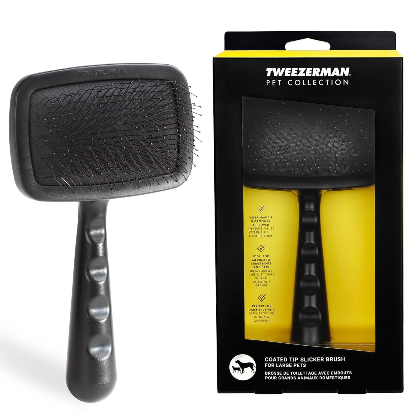 Tweezerman Dog and Cat Slicker Brush for Large Pets, Grooming Brush with Coated Bristles to Prevent Scratching and Ergonomic Handle