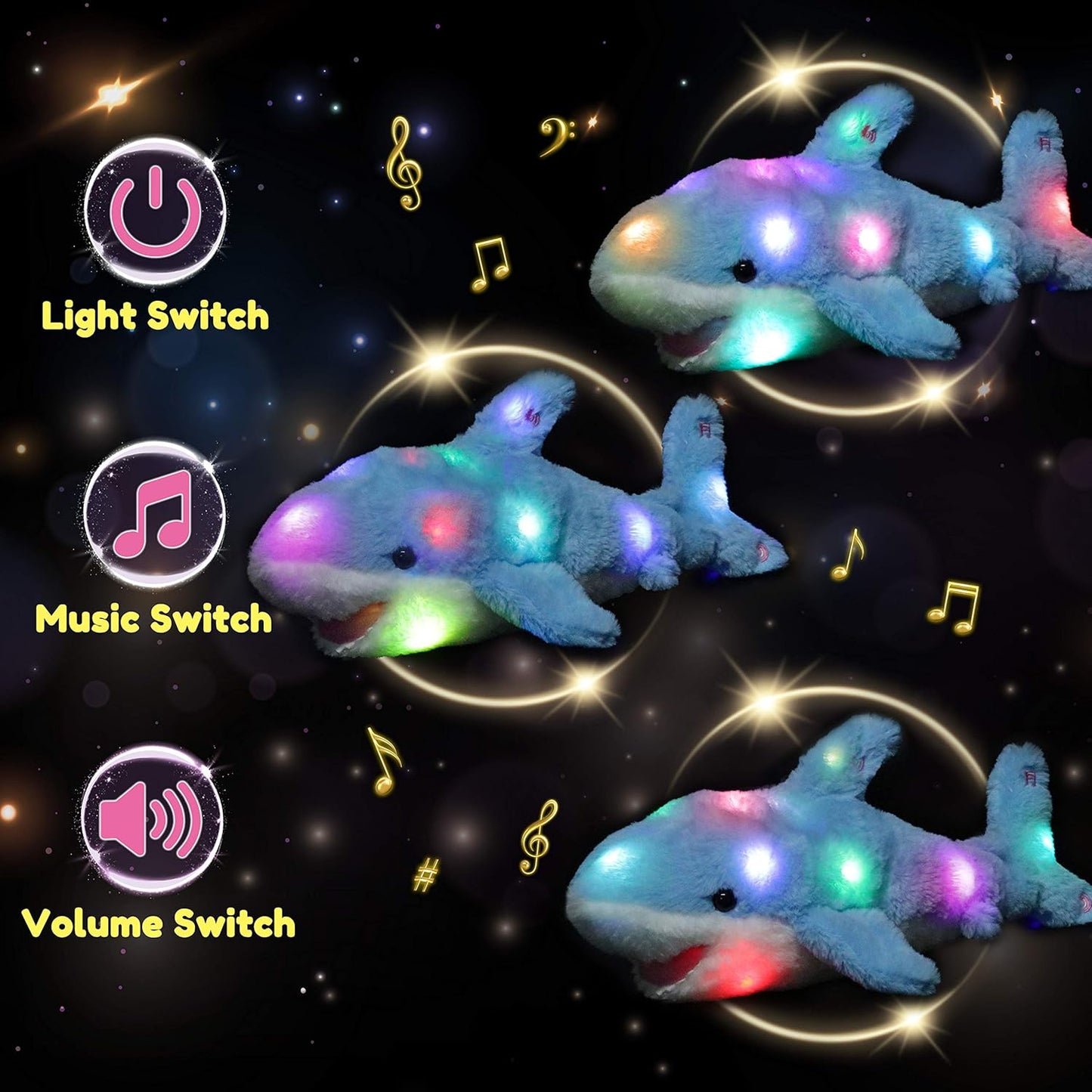 Hopearl LED Musical Stuffed Shark Lighting Up Singing Plush Toy Adjustable Volume Lullaby Animated Soothe Birthday Festival for Kids Toddler Girls, Blue, 16''