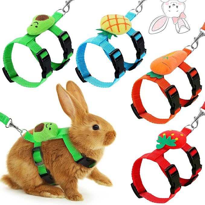 Tondiamo 4 Sets Adjustable Bunny Rabbit Harness and Leash Set Small Pet Cute Vest Harness Leash with Decoration for Bunny Ferret Small Pets(Fruit)
