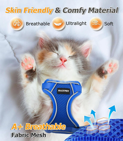 Halypet Cat Harness and Leash Set [MAX Safety 4th-Gen Upgrade] Escape Proof Adjustable Cat Leash Comfortable Soft Vest Easy to Wear Kitten Harness with Reflective Strip for Cats Walking, S Blue