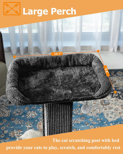 32" Cat Scratching Post for Indoor Cats, Sisal Cat Scratcher with Plush Perch, Large Scratch Post with Bed, Removable Cover, Sisal Fabric,Black