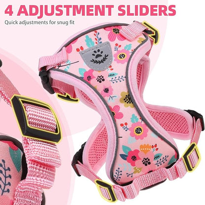 PUPTECK Cat Harness and Leash Set Escape Proof Reflective Cat Walking Harness Adjustable Soft Breathable Mesh Vest for Small Pets, Pink Flowers, M