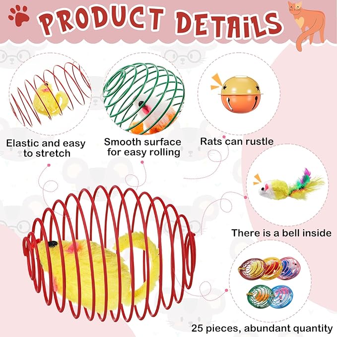 Jecery 5 Pcs Halloween Cat Spring Balls Toys Stretchable Rolling Balls Colorful Playful Coils Interactive Spring Action Toy Caged Rats for Kitten Cat Pet Supplies(Mouse and Bell,Colorful,25 Pcs)