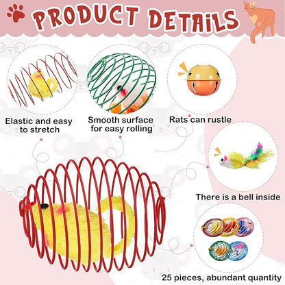 Jecery 5 Pcs Halloween Cat Spring Balls Toys Stretchable Rolling Balls Colorful Playful Coils Interactive Spring Action Toy Caged Rats for Kitten Cat Pet Supplies(Mouse and Bell,Colorful,25 Pcs)