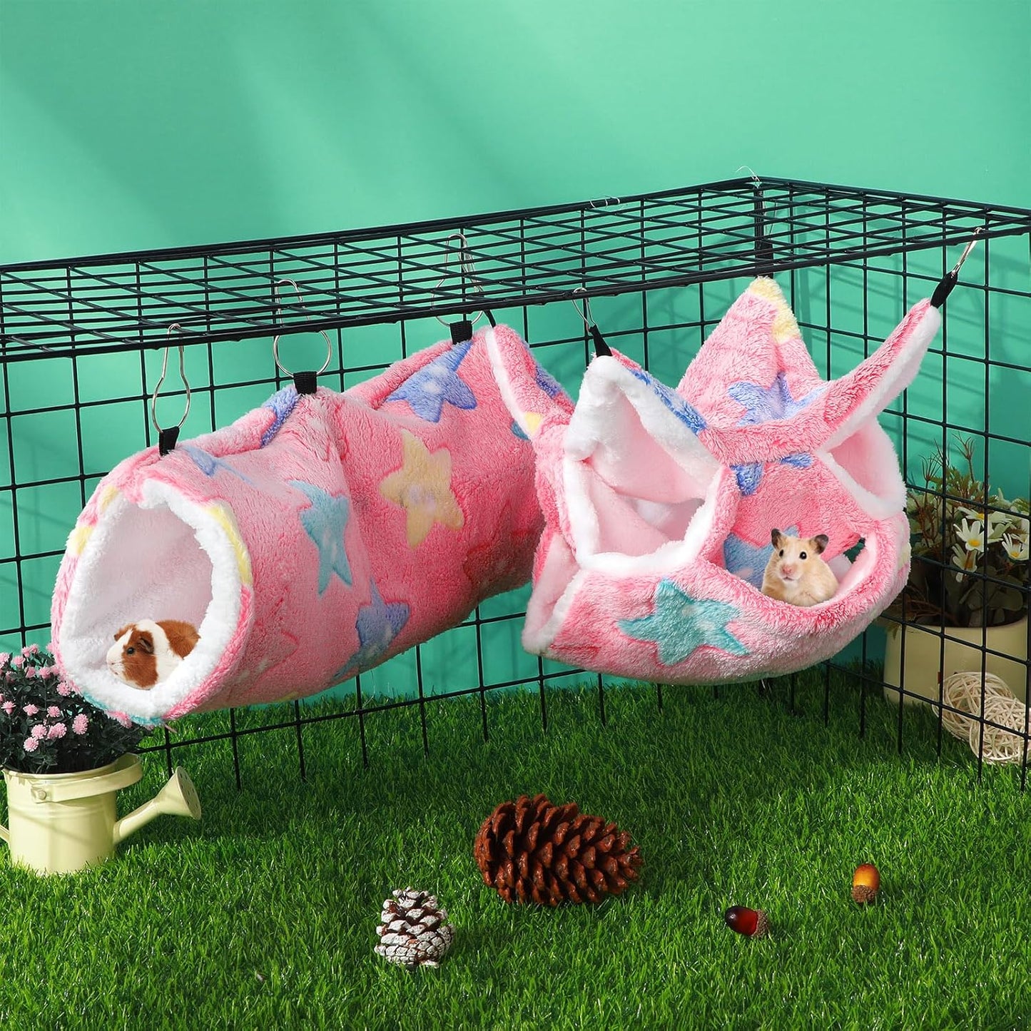 Sweetude 6 Pcs Rat Hammock Set Ferret Hanging Tunnel 3 Tier Guinea Pig Hammocks Hideout Soft Chinchilla Bed for Cage Accessories Hide,Play and Sleep(Dreamy,Star)