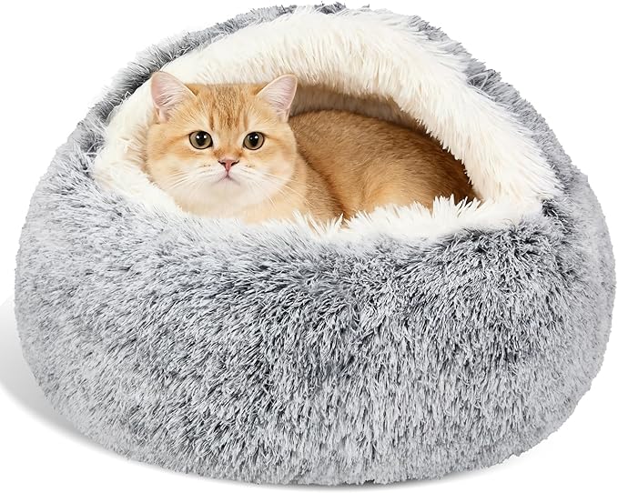 MADDEMCUTE Calming Dog & Cat Cave Bed With Hooded Cover, Removable Washable Round for Small Medium Pets, Anti-Slip Faux Fur Fluffy Coved for Improved Sleep, Fits up to 15/25 lbs (Grey, S)