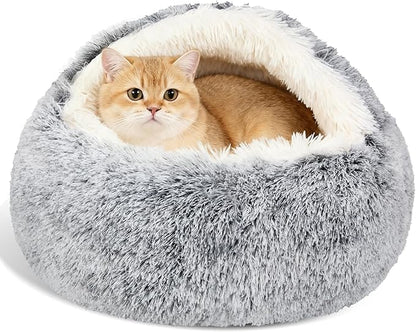 MADDEMCUTE Calming Dog & Cat Cave Bed With Hooded Cover, Removable Washable Round for Small Medium Pets, Anti-Slip Faux Fur Fluffy Coved for Improved Sleep, Fits up to 15/25 lbs (Grey, S)