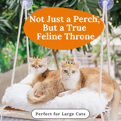 Cat Window Perch for Large Cats - Hammock Bed for Heavy Indoor Cats - Solid Wood Seat, 5 Strong Suction Cups, Soft Cushion - Rustic Shelf for Pets Inside