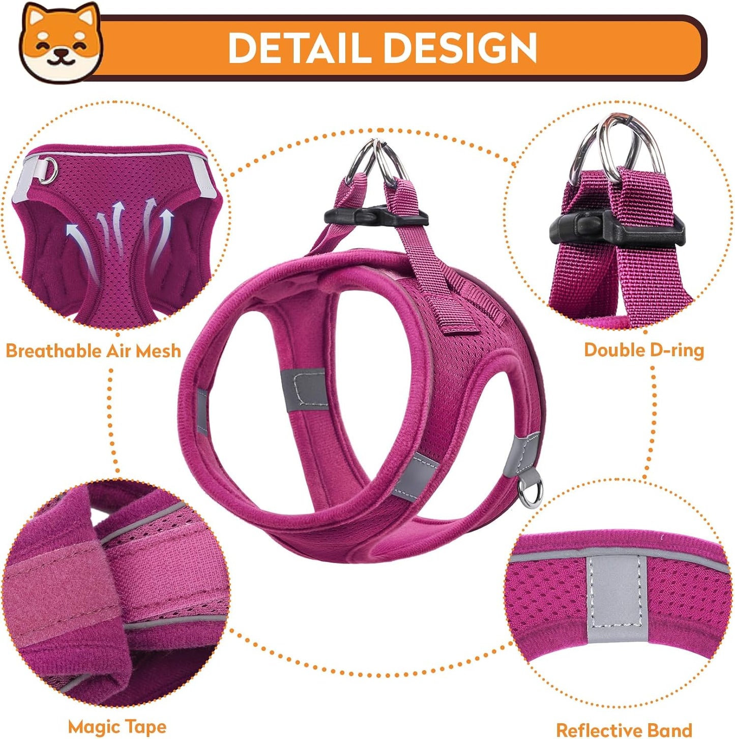 Dog Harness with Leash Set, No-Pull Step-in Reflective Pet Harness with 1 Leash Clips, Adjustable Soft Padded Easy Walk Dog Vest for Small Medium Large Dogs, Cats(Rose Red, Small)