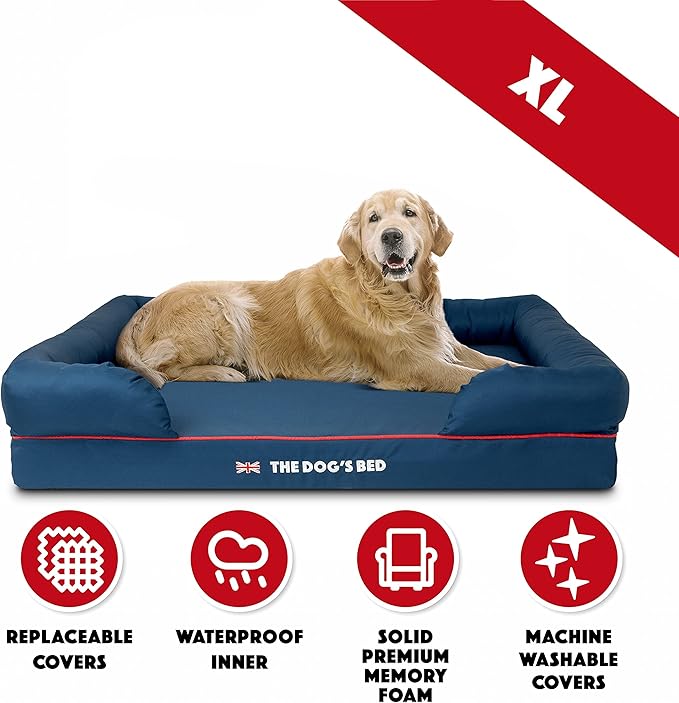 The Dog’s Bed Orthopedic Dog Bed XL Blue Oxford with Red Trim UK Flag Dog Bed, Memory Foam, Pain Relief: Arthritis, Post Surgery, Lameness, Waterproof Washable Cover