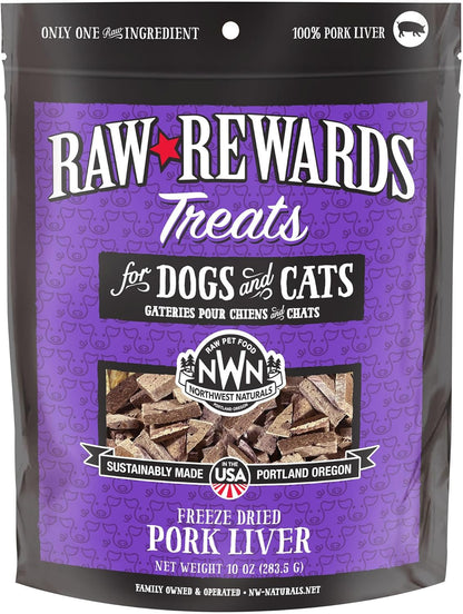 Northwest Naturals Raw Rewards Freeze-Dried Pork Liver Treats for Dogs and Cats - Bite-Sized Pieces - Healthy, 1 Ingredient, Human Grade Pet Food, All Natural - 10 Oz