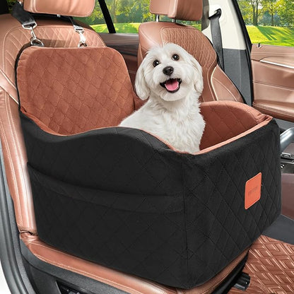 Dog Car Seat for Small/Medium Dogs, Memory Foam Dog Booster Seat for Dogs up to 35 lbs, Travel Safety Per Car Seat with Washable Removable Cover and Storage Pockets (Black/Brown, Medium)