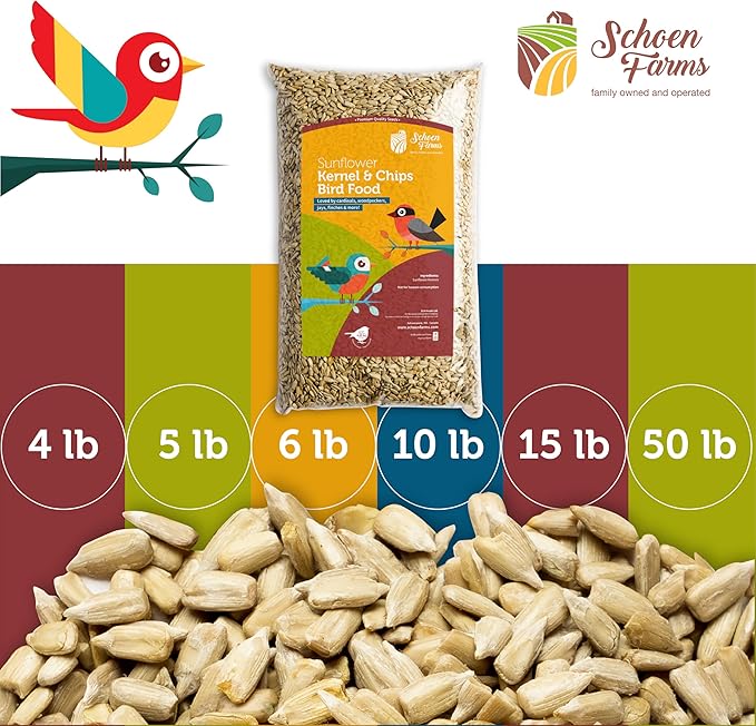 Schoen Farms Sunflower Kernels & Chips – 4 lb Bag – Hulled Sunflower Hearts Bird Seed – No-Mess Wild Bird Food for Finches, Chickadees & Cardinals