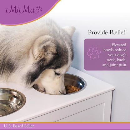 Elevated Dog Bowl with Storage, White Tall Feeder - Raised Dog Bowl Stand Large Feeding Station with 2 Pet Bowls