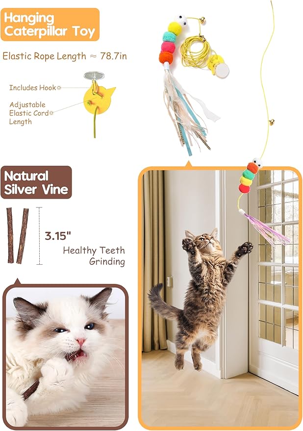 Cat Toys for Indoor Cats, 21 PCS Interactive Toy Set with Springs, Mice, Catnip Ropes, Pompom Balls, Bells, Catnip Ball, and Hanging Toys, Gift Box for Kittens and Adult Cats