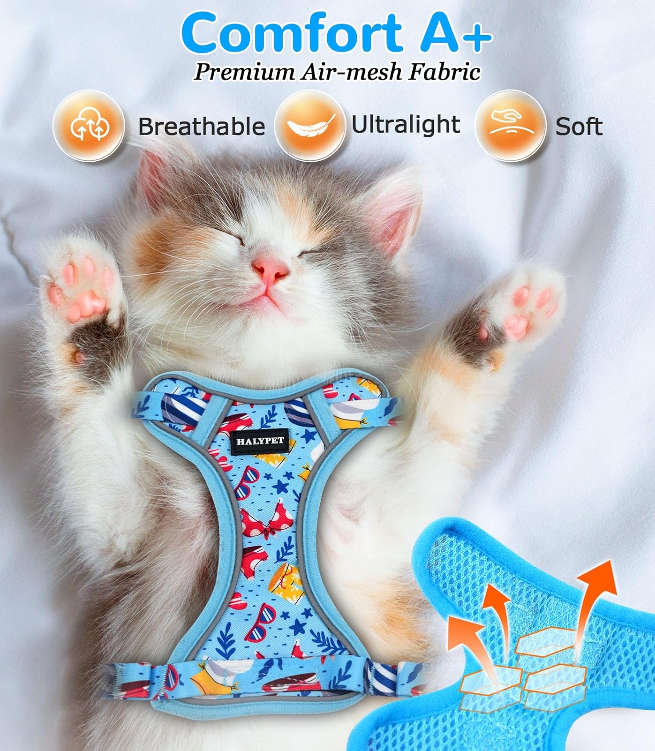 Halypet Cat Harness and Leash Set for Walking, Escape Proof Adjustable Vest Harness with 3-in-1 Integrated Buckles, Easy Control Soft Breathable Mesh with Reflective Strips for Cats, S, Azure Blue