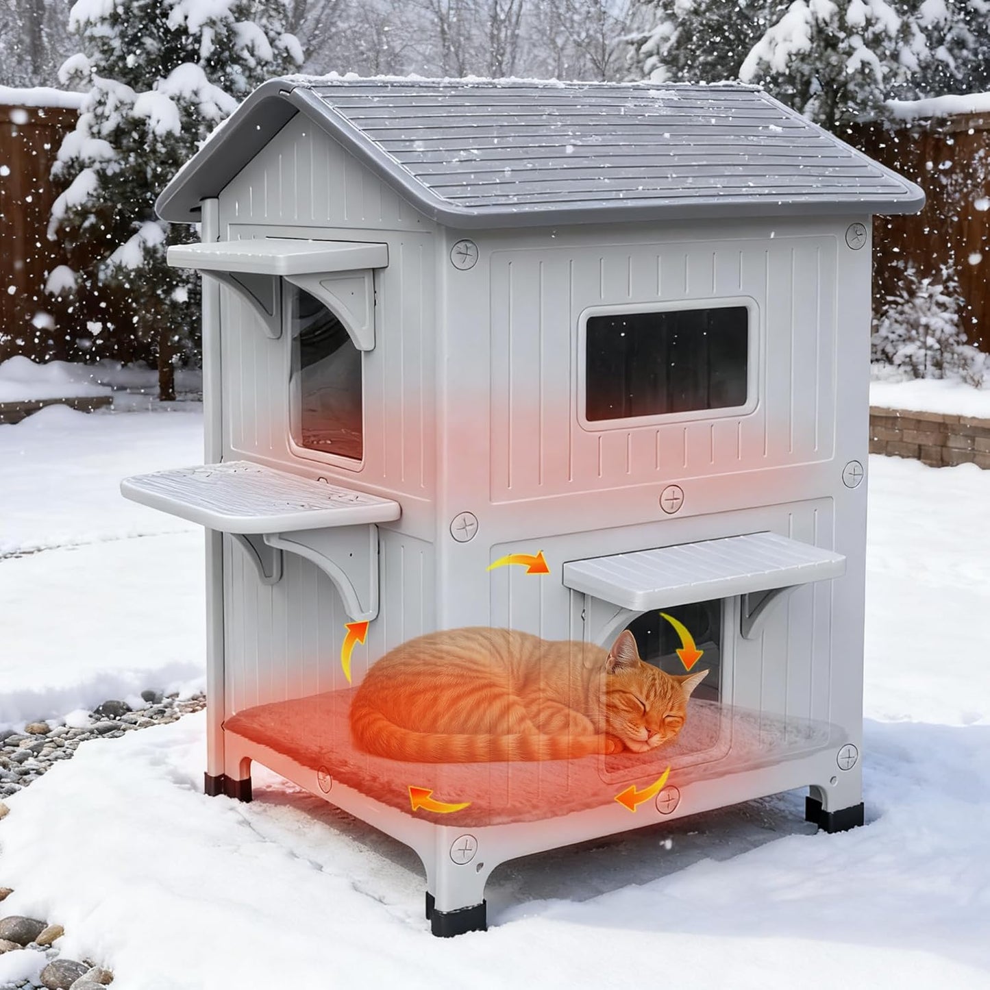 Rockever Plastic Outdoor Cat House with Soft Mat, Insulated Outdoor Cat Houses for Winter, Waterproof 2 Story Outside Cat Shelter, Clean and Assemble Easily