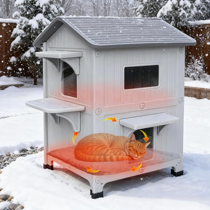 Rockever Plastic Outdoor Cat House with Soft Mat, Insulated Outdoor Cat Houses for Winter, Waterproof 2 Story Outside Cat Shelter, Clean and Assemble Easily