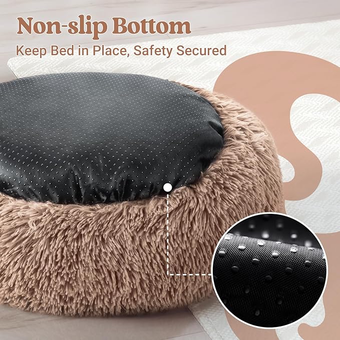 rabbitgoo Cat Beds for Indoor, 20 inches Machine Washable, Fluffy Round Pet Bed Non-Slip, Calming Soft Plush Donut Cuddler Cushion Self Warming for Small Dogs Kittens, Light Brown, Medium