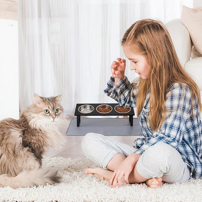 Upgraded Elevated Cat Bowls with Food Mat,15°Tilted Stand Anti Vomiting Raised Cat Dishes for Food and Water,3 Stainless Steel Bowls for Cats and Puppy（Black）