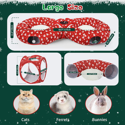 Pawaboo 2-in-1 Cat Tunnel Bed for Indoor Cats, 8-Shaped Large Cat Tunnels with Plush Cushions, Foldable Cats Cave Hideout Kitty Toys with Fluffy Balls, Donut Tunnel for Kitten Rabbit Ferret, Red