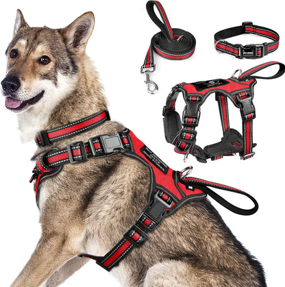 WINSEE Pet Harness Collar and Leash Set, All-in-one Reflective Dog Harness No Pull with Adjustable Buckles for Puppies, Small, Medium, Large, and Extra-Large Dogs (X-Large, Red)