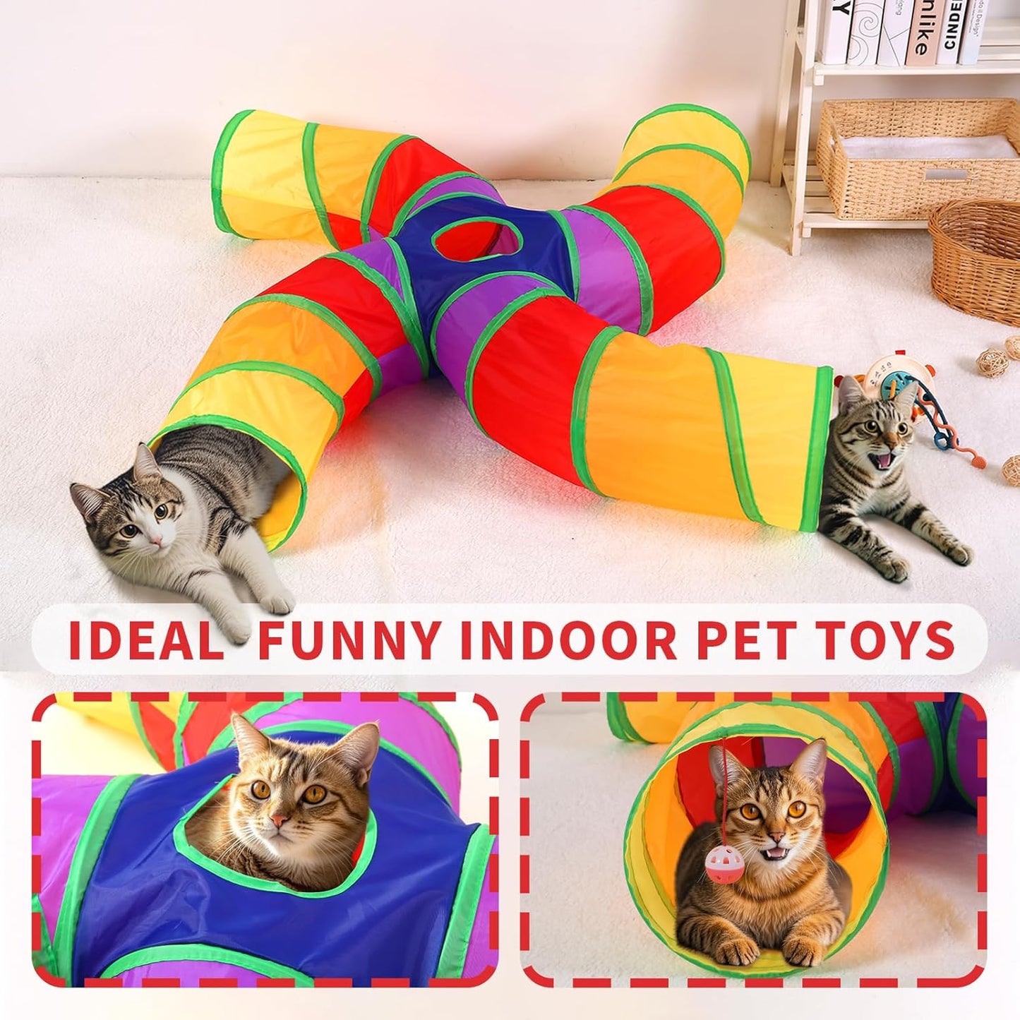 Pet Cat Tunnel, 4 Way Tunnels for Indoor Cats, Collapsible Pet Tunnel for Kitten, Puppy, Rabbit, 25cm-Wide Tunnels, Durable & Breathable, with Peek Hole Toy Ball