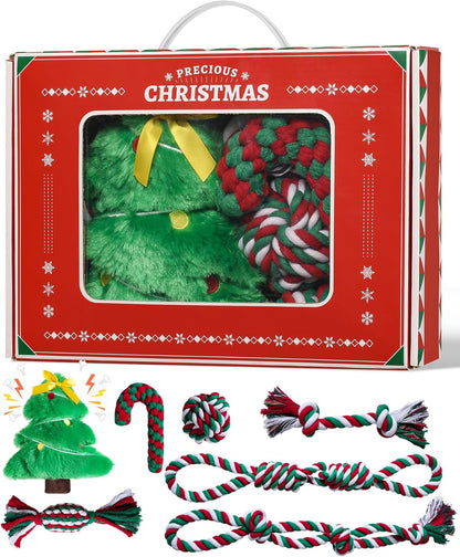 Aitmexcn Christmas Dog Rope Toys Set, 7 Pack Cotton Dog Toys for Large Dogs and Medium Small, Cute Interactive Squeaky Toy, Chewing Puppy Gaming Toy for Teeth Cleaning
