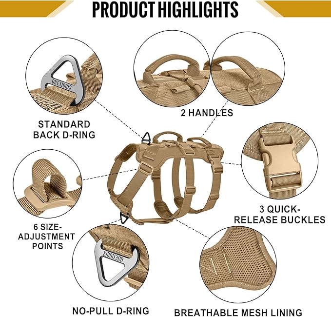 OneTigris Escape Proof Dog Harness, No Pull Dog Harness with Handles, Tactical Multi-Use Support Dogs Harnes for Large Dogs Everyday Wear Walking Hiking Training (Brown, X-Large)