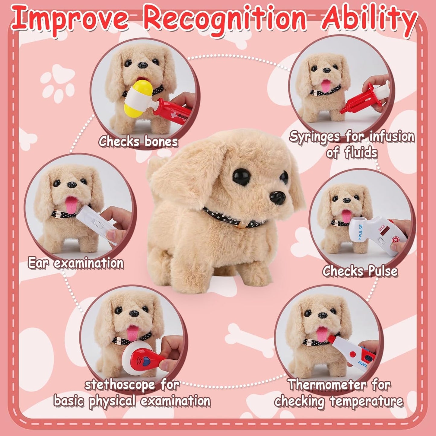 TEUVO Toy Doctor Kit for Girls - Pretend Play Doctor Sets with Dog Toy, Carrying Bag, Stethoscope Toy & Dress Up Costume - Doctor Play Gifts for Kids Toddlers Ages 1 2 3 4 5 6 7 Year Old for Role Play