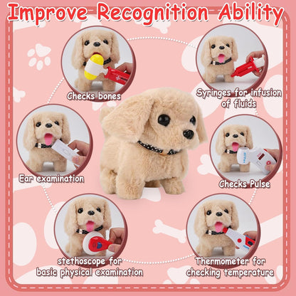 TEUVO Toy Doctor Kit for Girls - Pretend Play Doctor Sets with Dog Toy, Carrying Bag, Stethoscope Toy & Dress Up Costume - Doctor Play Gifts for Kids Toddlers Ages 1 2 3 4 5 6 7 Year Old for Role Play