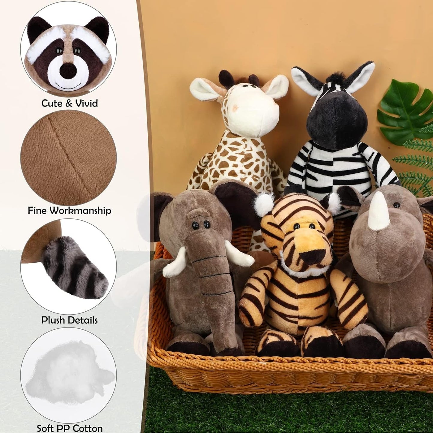 Elcoho 8 Pieces Safari Stuffed Animals Plush Jungle Animal Toys 9.8 Inch Zoo Stuffed Animals Set Cute Plush Toys for Animal Themed Parties Teacher Student Award