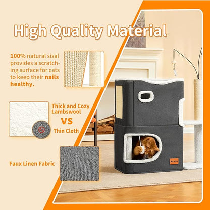 Cat Bed for Indoor Cats with Scratching Post Cat Beds Furniture Cave House 2-Storey Cats Hideaway Playhouse Condo with Fluffy Ball Toys for Pets Dark Grey