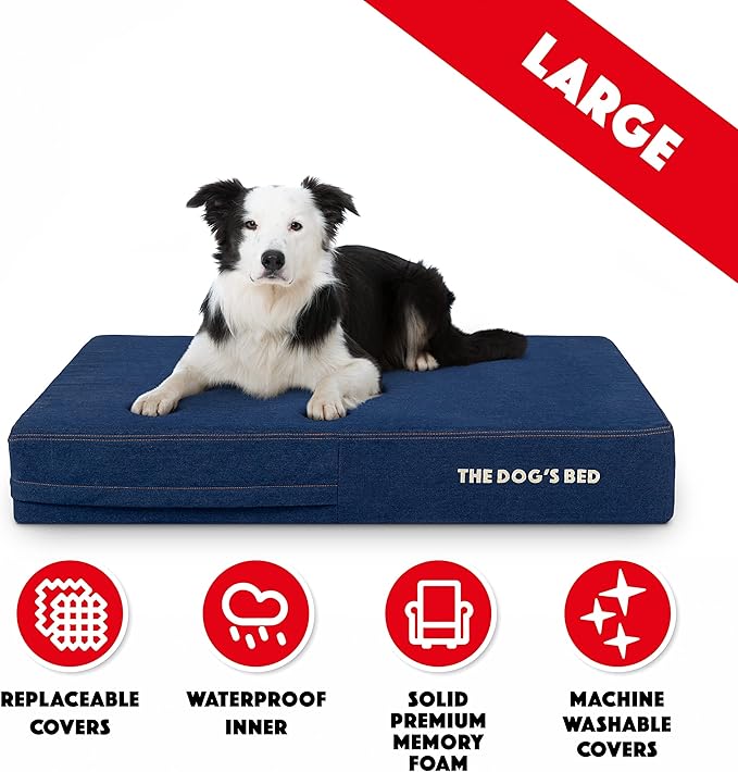 The Dog’s Bed Orthopedic Memory Foam Dog Bed, Large Blue Denim, Pain Relief for Arthritis, Hip & Elbow Dysplasia, Post Surgery, Lameness, Supportive, Calming, Waterproof Washable Cover