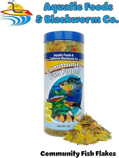 Aquatic Foods Inc. Community & Tropical Fish Flakes, for Angel Fish, Guppies, Live Bearers, Loaches, Gouramis, Catfish, Cichlids, 12-Type Pellet Mix & 4-Type Wafer Mix Included...7.0oz Canister
