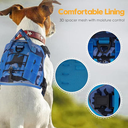 Heavy-Duty Tactical Dog Harness for Large Dogs, No Pull Adjustable Reflective Pet Vest with Molle System, K9 Military-Grade Control for Service Training, Outdoor & 10+ Breeds, Blue Camo, Medium