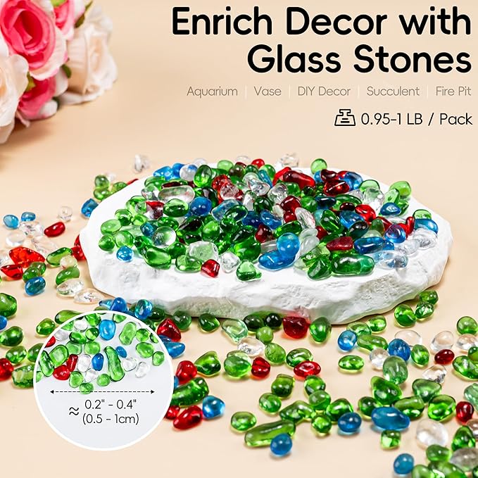 Meschett Colorful Glass Stones, 0.97 LB Fish Tank Gravel, Small Irregular Rainbow Aquarium Gravel for Aquarium Decorations and Turtle Tank, Sea Glass Beads Crystals for Fish Bowl, Vase Filler,Mixed