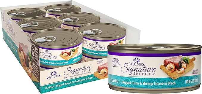 Wellness CORE Signature Selects Flaked Adult Wet Cat Food, Natural, Protein-Rich, Grain Free, 5.3 Ounce, 12 Pack (Skipjack Tuna & Shrimp)