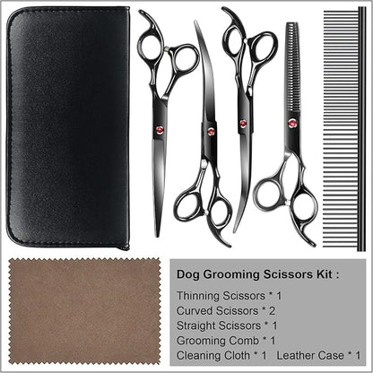 Professional Dog Grooming Scissors Kit Black 6 in 1, Dog Shears for Grooming 6CR Premium Stainless Steel Grooming Scissors Kit for Dogs Cat Pet