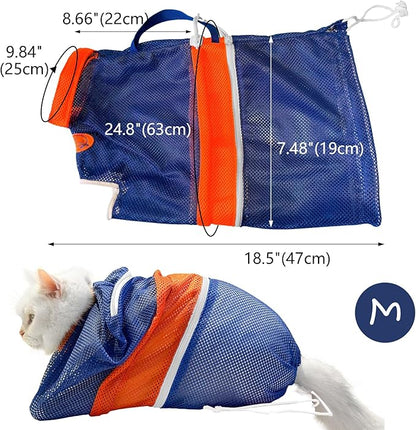 Cinf Cat Bathing Bag, Breathable Mesh Anti Scratch Adjustable Cat Grooming Bag for Nail Trimming, Bathing Soft Cat Washing Bag(Orange Blue) M