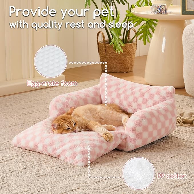 Hollypet Cat Bed Fluffy Plush Mutifuctional Double-Layer Soft Pet Couch Orthopedic Sofa Nest Beds for Small Cats and Dogs, Pink and White (21x15x8 inch)