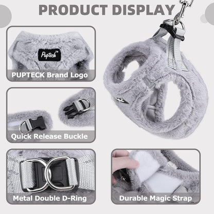 PUPTECK Adjustable Dog Harness Collar and Leash Set Step in No Pull Pet Harness for Small Medium Dogs Puppy and Cats Outdoor Walking Running, Soft Mesh Padded Reflective Vest Harnesses, Plush Grey S